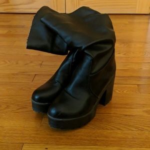 Black calf length platform boots